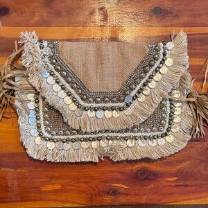 Bohemian Fringe Clutch in Beige and Silver